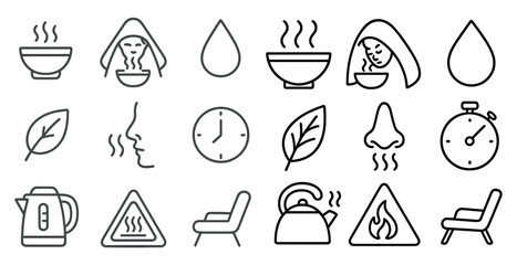 Set of icons for various activities, including drinking tea, sitting in a chair, and using a kettle