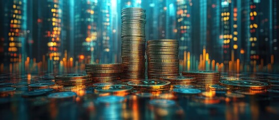 Stacks of coins against a backdrop of digital city lights.