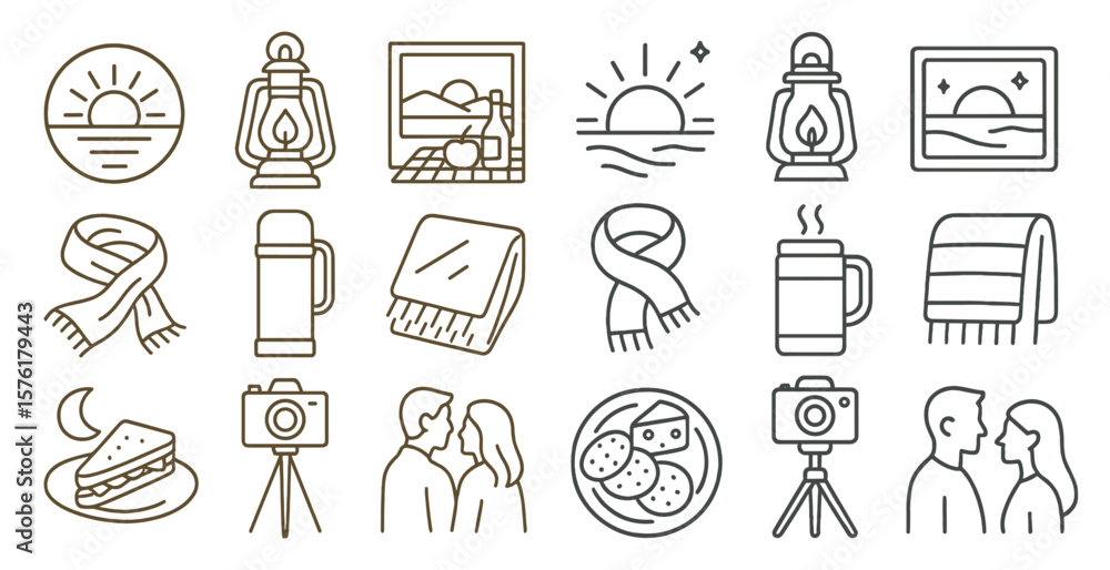 Poster line drawing of a camera and a mug. the camera is on the left and the mug is on the right