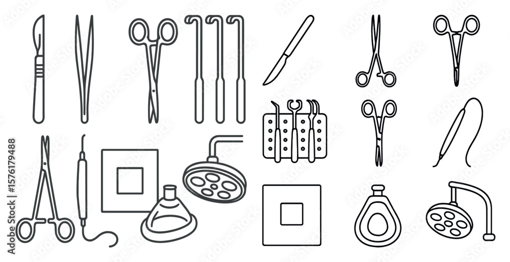 Poster collection of medical instruments including scissors, forceps, and a scalpel. the instruments are ar