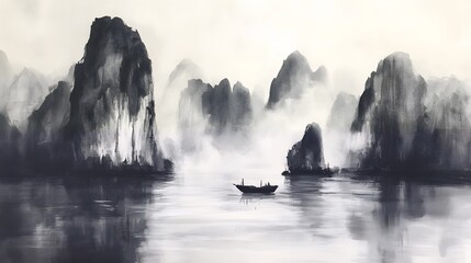 Misty mountains and a tranquil waterway.