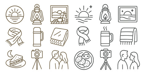 Line drawing of a camera and a mug. The camera is on the left and the mug is on the right