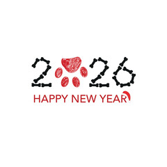 2026 text with doodle bone and paw print. Happy new year and merry christmas greeting card