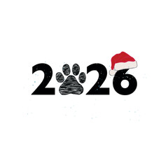 2026 text with paw prints and red hat. Happy new year and Merry Christmas greeting card