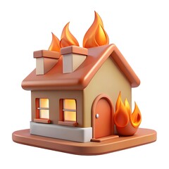 Stylized 3d cartoon house engulfed in bright orange flames and smoke
