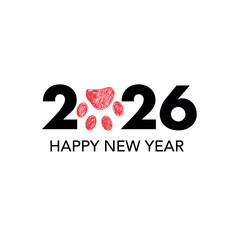 2026 text with doodle red paw print. Happy new year and merry christmas greeting card