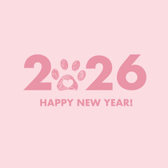 2026 baby pink colored text with hearts. Happy new year greeting card