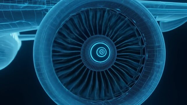 X-ray style close-up of an airplane's turbofan engine, showcasing intricate internal components and blades.