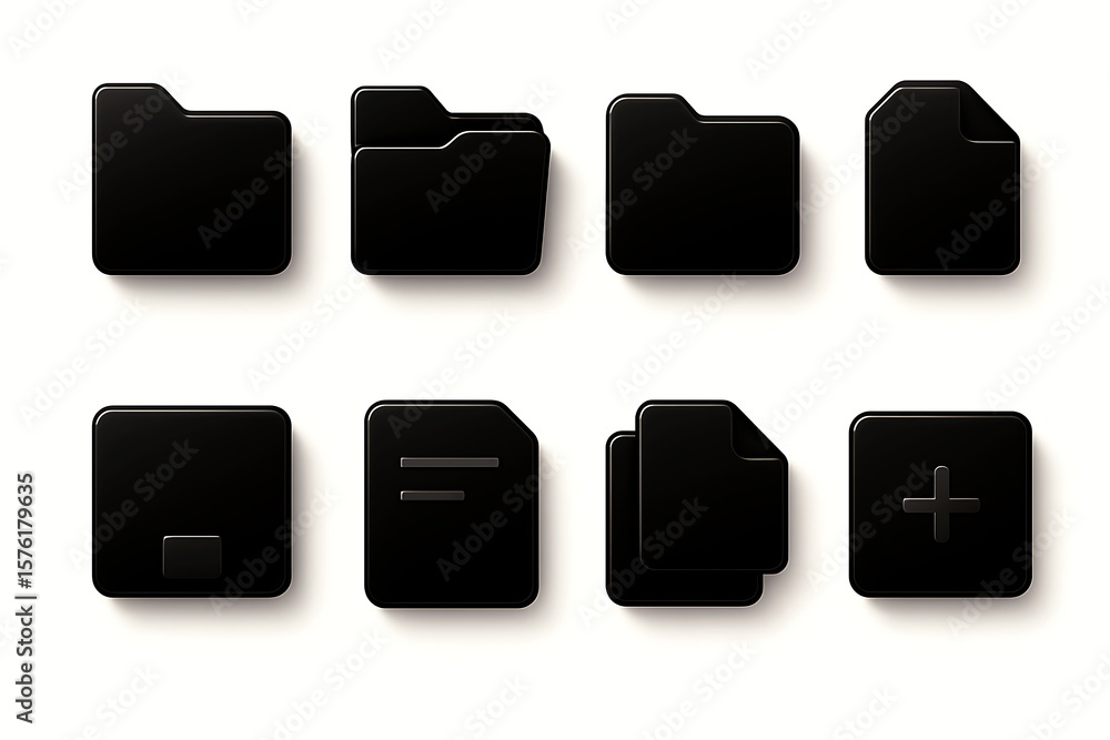 Fototapete collection of modern black glossy icons representing files and folders on a white background
