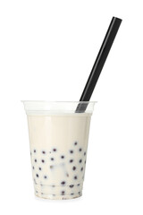 Tasty milk bubble tea in plastic cup isolated on white