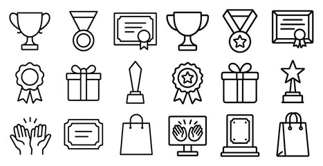 Set of black and white icons that represent various awards and prizes. The icons include a trophy, a certificate, a star, and a gift. Scene is celebratory and achievement-oriented