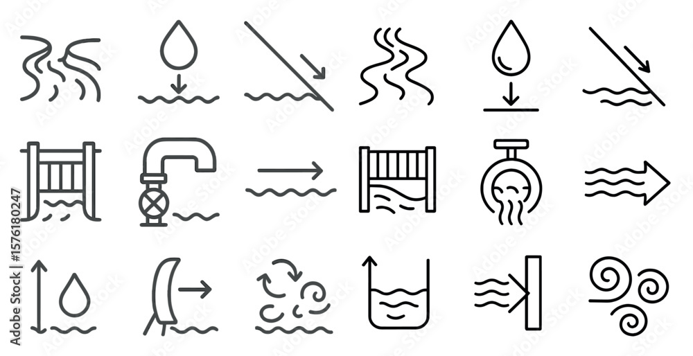 Poster series of symbols and lines that represent various water-related activities and processes. scene is 