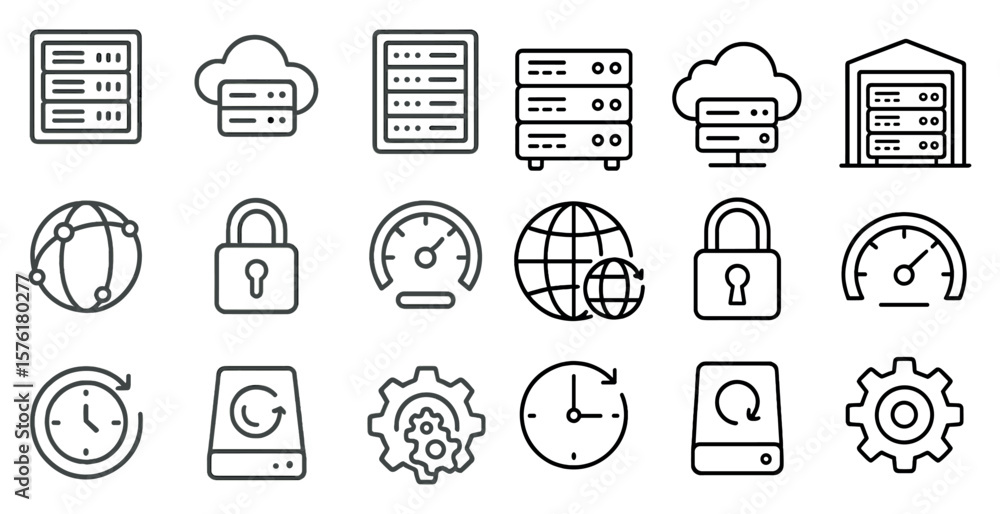 Poster collection of icons for servers and storage devices. the icons include a clock, a key, a lock, and a