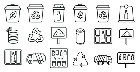 Series of recycling symbols are shown in a line drawing. The symbols include a trash can, a recycling can, a sign, and a truck. Scene is one of environmental awareness and responsibility
