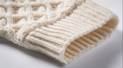 Close-up view of a cozy, cream-colored knitted sweater, showcasing intricate patterns and soft textures.