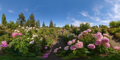 Fototapeta premium Panoramic 360 degrees hdr landscape of colorful roses in bloom nature garden view