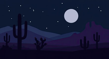 Modern Flat Design Vector Illustration of a Minimalist Desert Cactus Night Scene