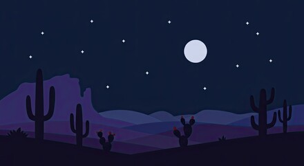 Modern Flat Design Vector Illustration of a Minimalist Desert Cactus Night Scene