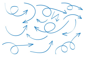 Arrows hand drawn doodle icons set. Curved cartoon arrows sketches collection. Flat and thin pointers illustrations. Scribble swirl arrow signs.