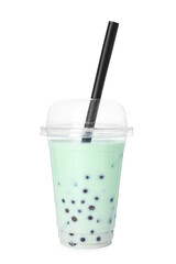 Tasty milk bubble tea in plastic cup isolated on white