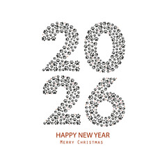 2026 black and white text with black paw doodle paw prints and stars. Happy new year and merry christmas greeting card