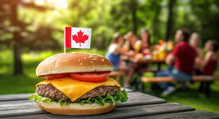 Canadian themed burger with flag on a wooden table at a picnic with people in the background