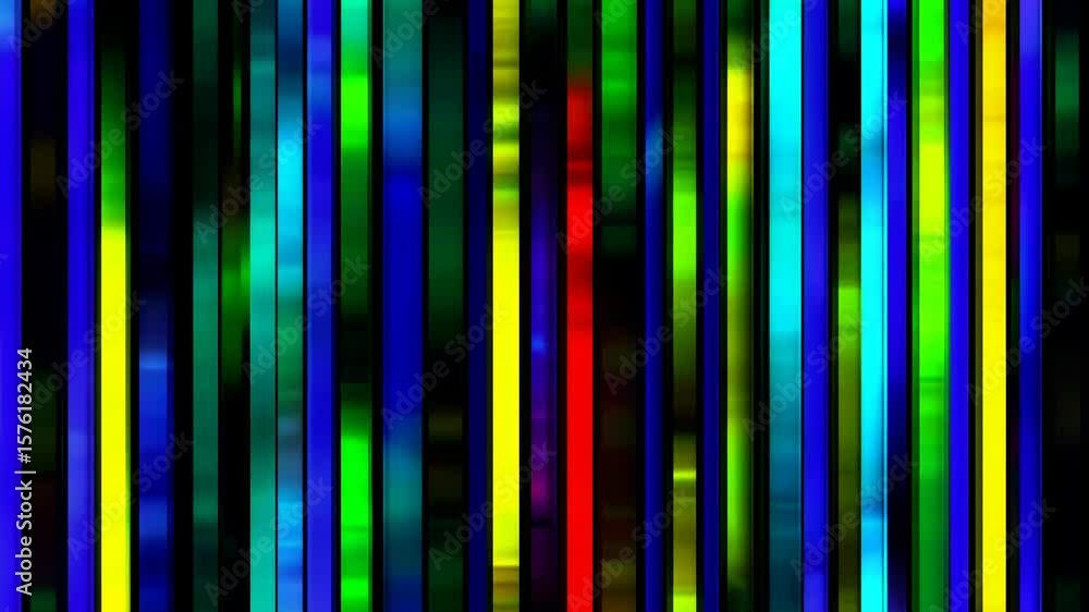 Poster abstract visual artwork features vertical lines in vibrant colors such as blue, green, and red. the 