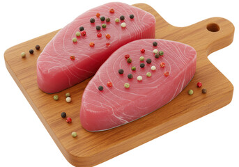 Isolated Fresh Raw Tuna Steaks with Colorful Peppercorns on Cutting Board