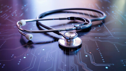 Silver stethoscope on digital circuit board medical