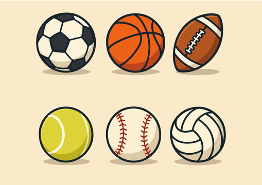 Cartoon illustration of various sports balls, including soccer, basketball, football, tennis, baseball, and volleyball.