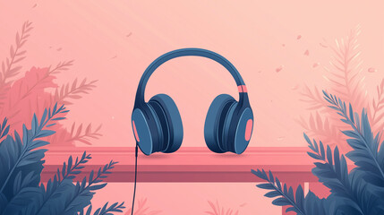 Stylish blue headphones on wooden surface with pink background  
