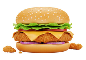 Isolated Chicken Burger with Lettuce Tomato Onion and Nuggets