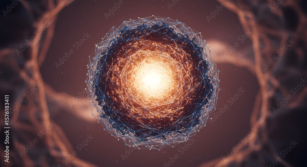 Poster a glowing core within a complex, cellular structure, surrounded by intricate, branching filaments.