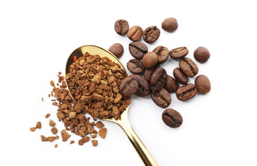Spoon with instant coffee and beans isolated on white, top view