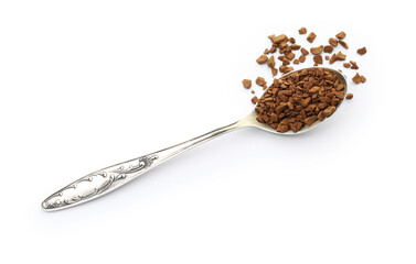 Spoon with instant coffee isolated on white, top view