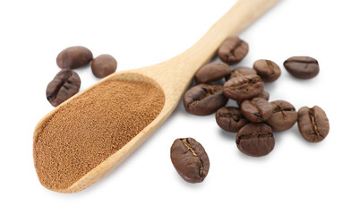 Wooden spoon with instant coffee and beans isolated on white
