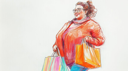 Curvy woman smiling while holding shopping bags in colorful attire  