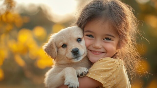 a child hugging a puppy with pure happiness - Powered by Adobe