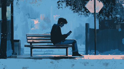 Young man sitting on a bench using phone in a blue urban setting  