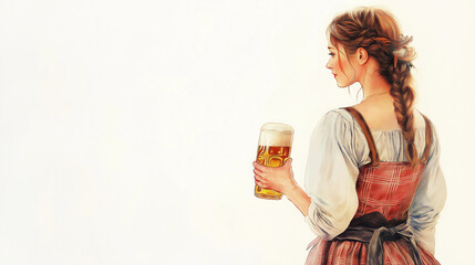Young woman in traditional dirndl dress holding beer glass  