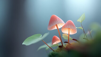 Delicate pink fungi amidst soft greenery.