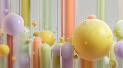 Abstract composition of pastel-colored spheres and tubes.