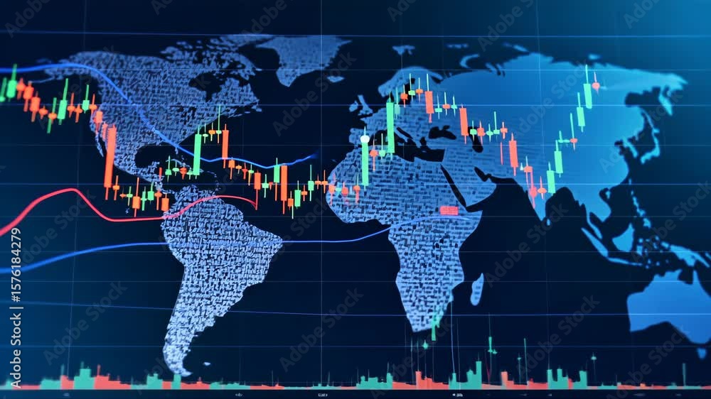 Poster graph of the world's stock market is displayed on a screen. the graph is in blue and red colors and 