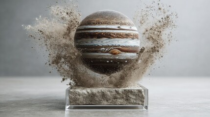 A detailed depiction of a planet model, suspended amidst a cloud of dust.