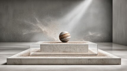 Abstract display of a sphere on a tiered platform.