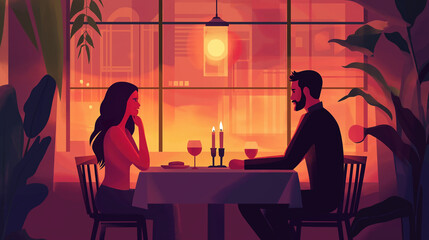 Elegant couple dining together at a candlelit table in restaurant  