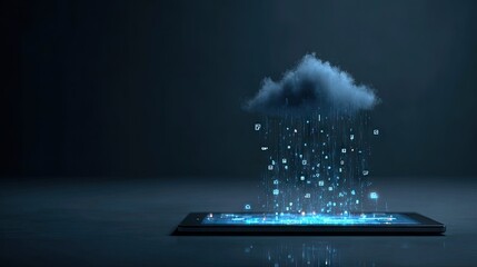 Digital data raining down on a tablet.