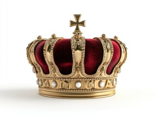 Ornate golden crown with crimson velvet lining.