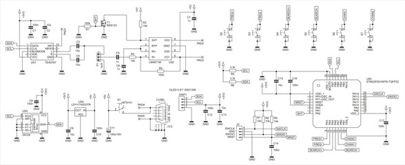 Schematic diagram of electronic device on white paper sheet. Vector drawing electrical circuit with
resistor, capacitor, integrated circuit, 
usb connector, memory chip,
diode, microcontroller, other.