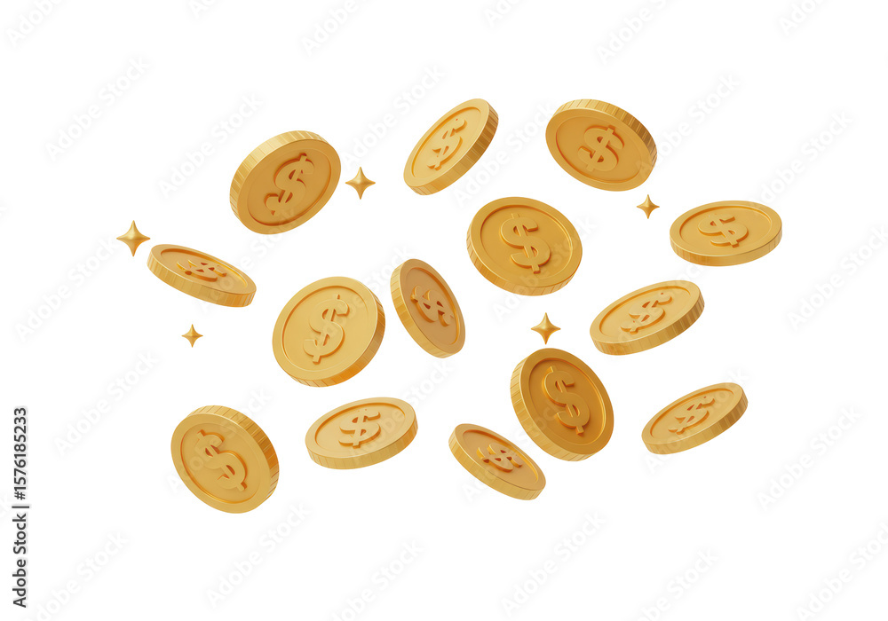 Poster isolated golden coins floating with sparkles